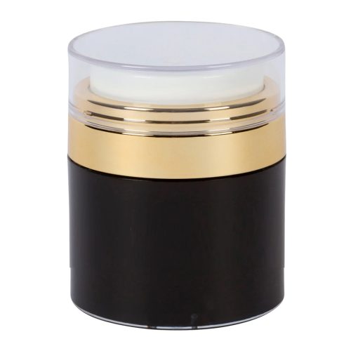 Airless Jar, Clear Cap, Shiny Gold Collar, Black Body with Natural Inner Cup, 30 mL