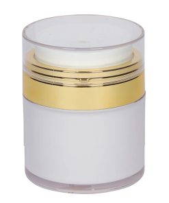 Airless Jar, Clear Cap, Shiny Gold Collar, Opaque White Body, PP Inner Cup, 30 mL