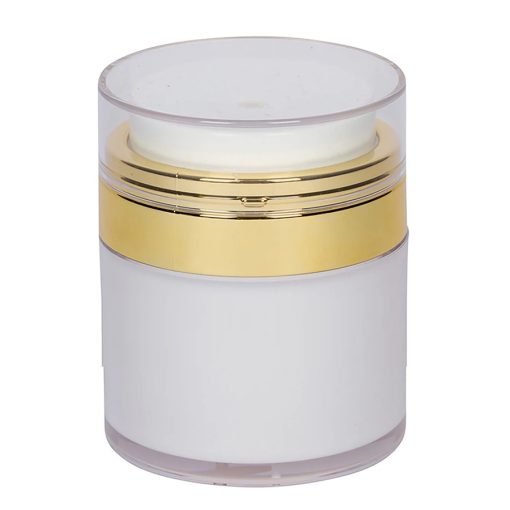 Airless Jar, Clear Cap, Shiny Gold Collar, Opaque White Body, PP Inner Cup, 30 mL