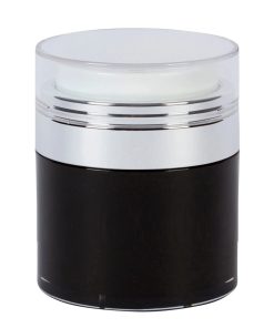 Airless Jar, Clear Cap, Shiny Silver Collar, Black Body, PP Inner Cup, 30 mL