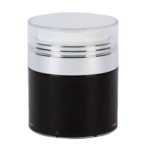 Airless Jar, Clear Cap, Shiny Silver Collar, Black Body, PP Inner Cup, 30 mL