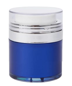 Airless Jar, Clear Cap, Shiny Silver Collar, Blue Body, PP Inner Cup, 30 mL