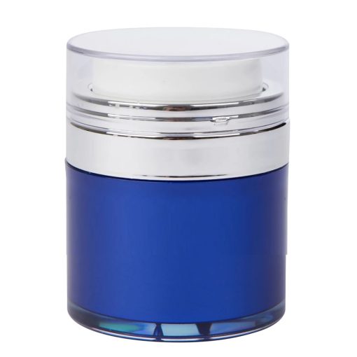 Airless Jar, Clear Cap, Shiny Silver Collar, Blue Body, PP Inner Cup, 30 mL