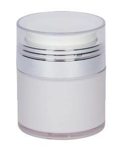 Airless Jar, Clear Cap, Shiny Silver Collar, Opaque White Body, 30 mL