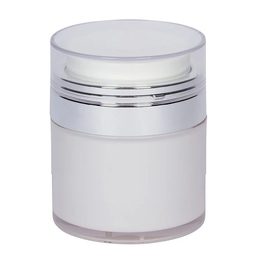 Airless Jar, Clear Cap, Shiny Silver Collar, Opaque White Body, 30 mL