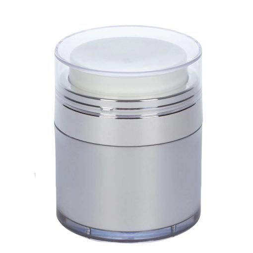 Airless Jar, Clear Cap, Shiny Silver Collar, Platinum Body, PP Inner Cup, 30 mL