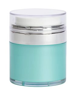 Airless Jar, Clear Cap, Shiny Silver Collar, Teal Blue Body, PP Inner Cup, 50 mL
