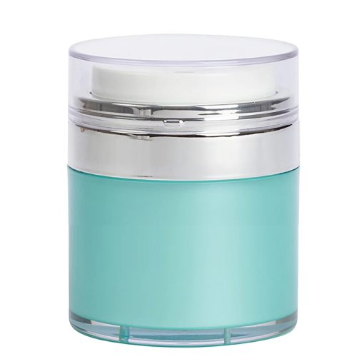 Airless Jar, Clear Cap, Shiny Silver Collar, Teal Blue Body, PP Inner Cup, 50 mL