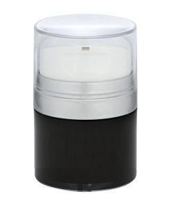 Airless Jar, Clear Cap, Tall White Pump, Matte Silver Collar, Black Body, PP Inner Cup, 30 mL