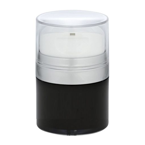 Airless Jar, Clear Cap, Tall White Pump, Matte Silver Collar, Black Body, PP Inner Cup, 30 mL