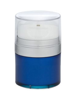 Airless Jar, Clear Cap, Tall White Pump, Matte Silver Collar, Blue Body, PP Inner Cup, 30 mL