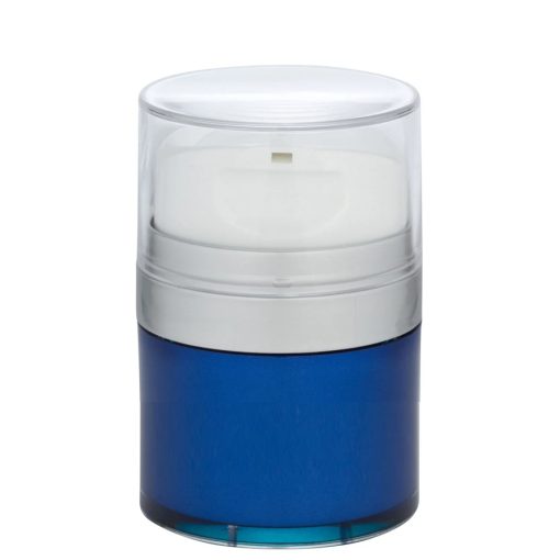 Airless Jar, Clear Cap, Tall White Pump, Matte Silver Collar, Blue Body, PP Inner Cup, 30 mL