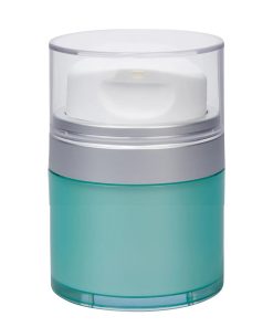 Airless Jar Clear Cap Tall White Pump Matte Silver Collar Teal Blue Body 30 mL