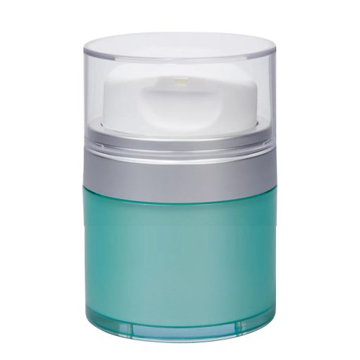 Airless Jar Clear Cap Tall White Pump Matte Silver Collar Teal Blue Body 30 mL