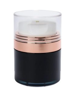 Airless Jar, Clear Cap, Tall White Pump, Rose Gold Collar, Black Body, PP Inner Cup, 30 mL
