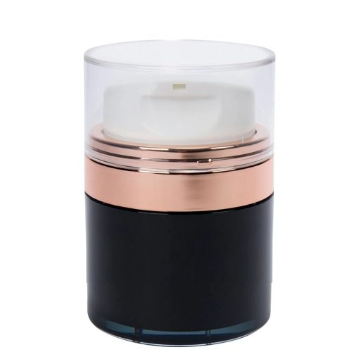 Airless Jar, Clear Cap, Tall White Pump, Rose Gold Collar, Black Body, PP Inner Cup, 30 mL