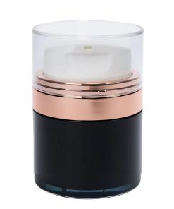 Airless Jar, Clear Cap, Tall White Pump, Rose Gold Collar, Black Body, PP Inner Cup, 50 mL