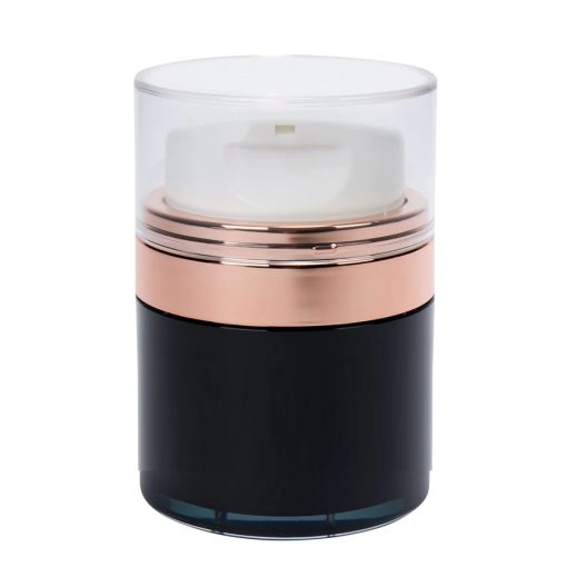 Airless Jar, Clear Cap, Tall White Pump, Rose Gold Collar, Black Body, PP Inner Cup, 50 mL