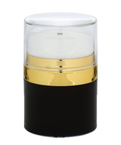 Airless Jar, Clear Cap, Tall White Pump, Shiny Gold Collar, Black Body, PP Inner Cup, 50 mL