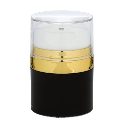Airless Jar, Clear Cap, Tall White Pump, Shiny Gold Collar, Black Body, PP Inner Cup, 50 mL