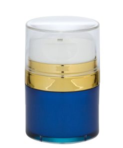 Airless Jar Clear Cap Tall White Pump Shiny Gold Collar Blue Body PP Inner Cup 50 mL
