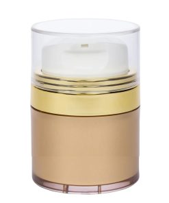 Airless Jar, Clear Cap, Tall White Pump, Shiny Gold Collar, Gold Body, 30 mL