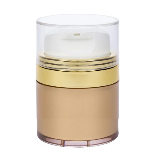 Airless Jar, Clear Cap, Tall White Pump, Shiny Gold Collar, Gold Body, 30 mL
