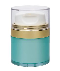 Airless Jar Clear Cap Tall White Pump Shiny Gold Collar Teal Blue Body 30 mL