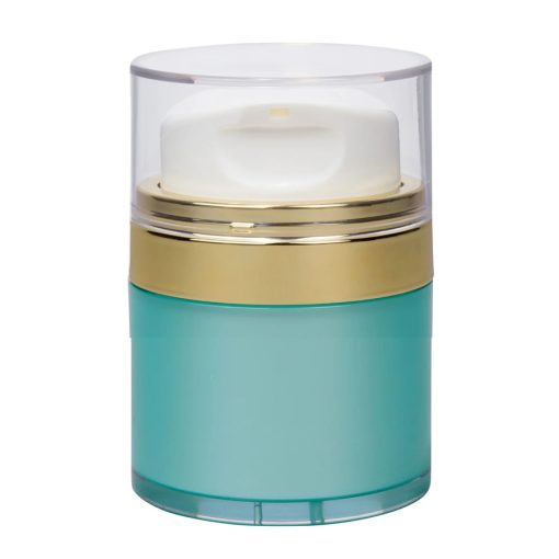 Airless Jar Clear Cap Tall White Pump Shiny Gold Collar Teal Blue Body 30 mL