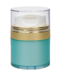 Airless Jar Clear Cap Tall White Pump Shiny Gold Collar Teal Blue Body 50 mL