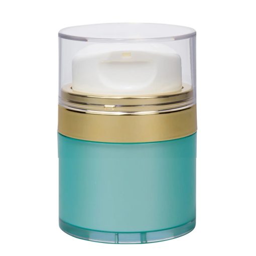 Airless Jar Clear Cap Tall White Pump Shiny Gold Collar Teal Blue Body 50 mL