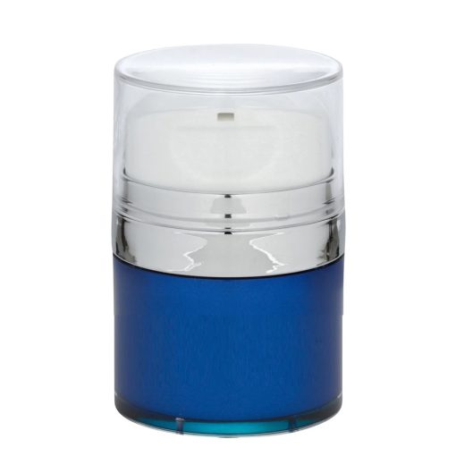 Airless Jar Clear Cap Tall White Pump Shiny Silver Collar Blue Body PP Inner Cup 30 mL