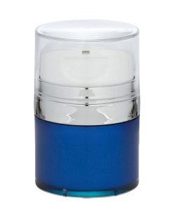 Airless Jar, Clear Cap, Tall White Pump, Shiny Silver Collar, Blue Body, PP Inner Cup, 50 mL