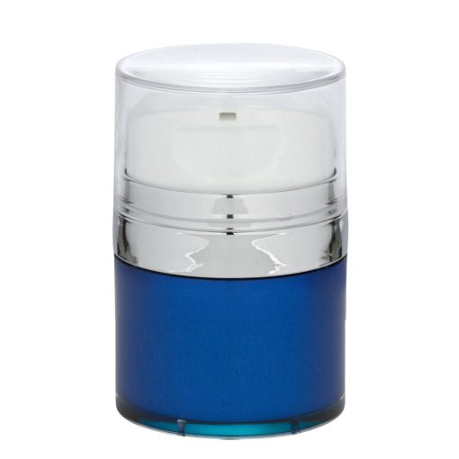 Airless Jar, Clear Cap, Tall White Pump, Shiny Silver Collar, Blue Body, PP Inner Cup, 50 mL