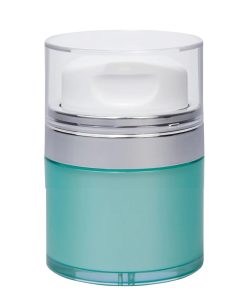 Airless Jar Clear Cap Tall White Pump Shiny Silver Collar Teal Blue Body 30 mL