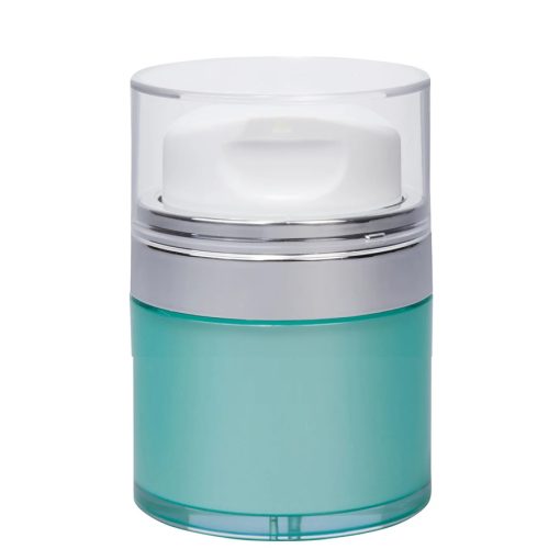 Airless Jar Clear Cap Tall White Pump Shiny Silver Collar Teal Blue Body 30 mL