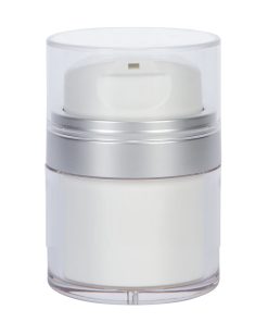 Airless Jar, Clear Cap, with Tall White Pump, Matte Silver Collar, Opaque White Body, 30 mL