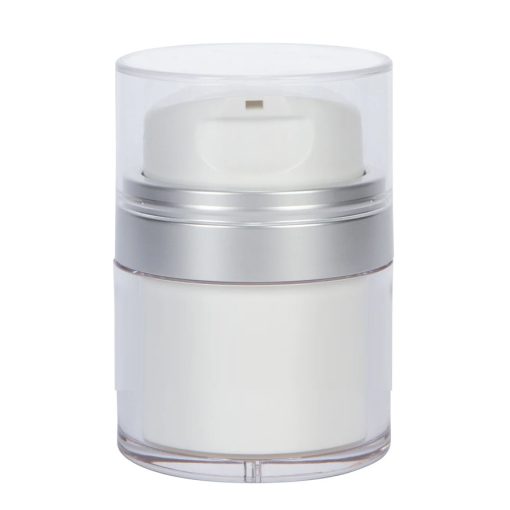 Airless Jar, Clear Cap, with Tall White Pump, Matte Silver Collar, Opaque White Body, 30 mL
