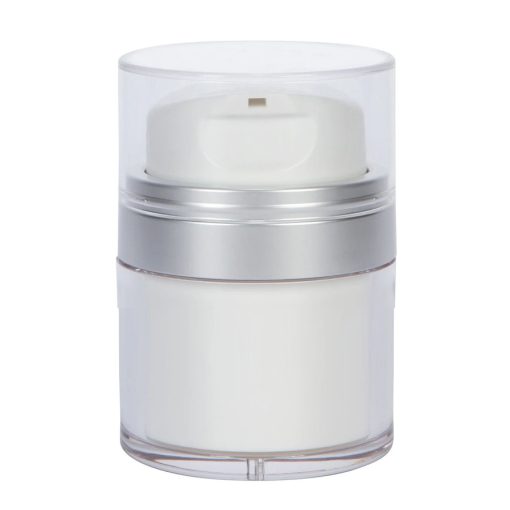 Airless Jar Clear Cap with Tall White Pump Matte Silver Collar PP Inner Cup 30 mL