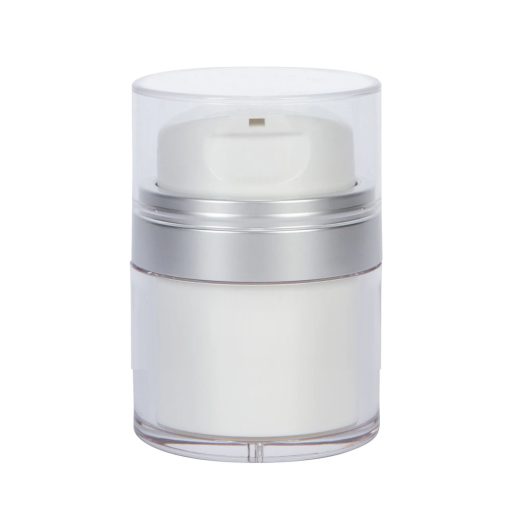 Airless Jar, Clear Cap, with Tall White Pump, Matte Silver Collar, PP Inner Cup, 50 mL