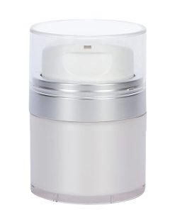 Airless Jar Clear Cap with Tall White Pump Matte Silver Collar Pearl Body 15 mL
