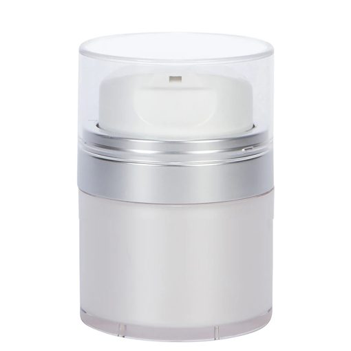 Airless Jar Clear Cap with Tall White Pump Matte Silver Collar Pearl Body 15 mL