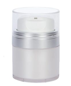 Airless Jar, Clear Cap, with Tall White Pump, Matte Silver Collar, Pearl Body, 30 mL