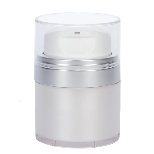 Airless Jar, Clear Cap, with Tall White Pump, Matte Silver Collar, Pearl Body, 30 mL