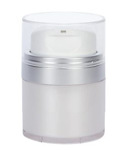 Airless Jar, Clear Cap, with Tall White Pump, Matte Silver Collar, Pearl Body, 50 mL