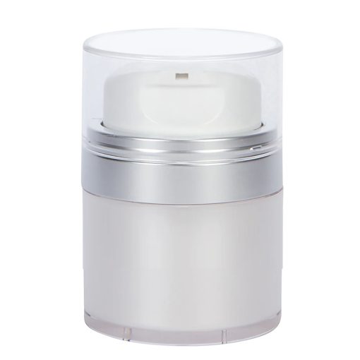 Airless Jar, Clear Cap, with Tall White Pump, Matte Silver Collar, Pearl Body, 50 mL