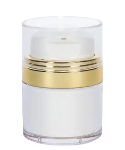 Airless Jar, Clear Cap, with Tall White Pump, Shiny Gold Collar, PP Inner Cup, 15 mL