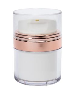 Airless Jar, Clear Cap, with Tall White Pump, Shiny Rose Gold Collar, PP Inner Cup, 30 mL