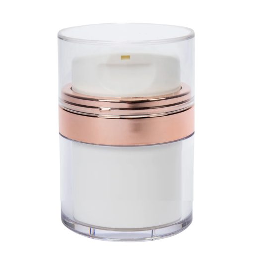 Airless Jar, Clear Cap, with Tall White Pump, Shiny Rose Gold Collar, PP Inner Cup, 30 mL