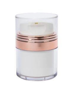Airless Jar, Clear Cap, with Tall White Pump, Shiny Rose Gold Collar, PP Inner Cup, 50 mL